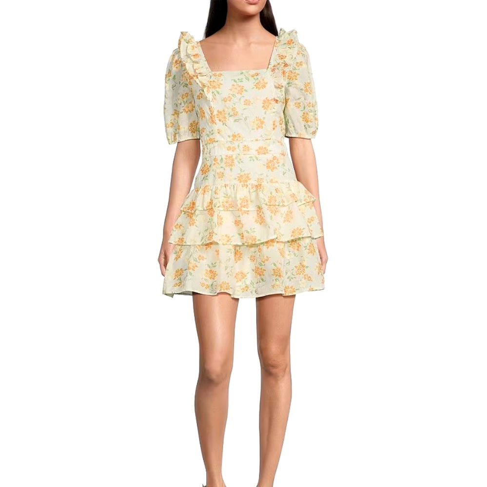 Adelyn RaeFloral Print Square Neck Short Puffed Sleeve Tiered Eyelet Mini Dress